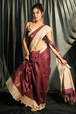 Wine Blended Gheecha With Floral Embroidery 1
