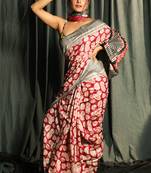 Red & Grey Pure Gheecha Saree With Leaf Printed Designs
