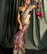 Multicolor Pure Gheecha Saree With Printed Designs