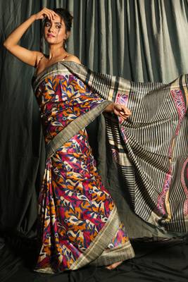 Multicolor Pure Gheecha Saree With Printed Designs 2