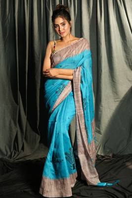 Sky Blue Blended Matka With Jaal Cut Embroidery & Grey Border And Pallu 1