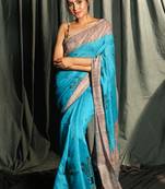 Sky Blue Blended Matka With Jaal Cut Embroidery & Grey Border And Pallu