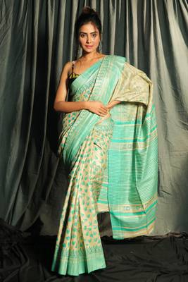 Beige & Sea Green Pure Gheecha Saree With Leaf Designs 1
