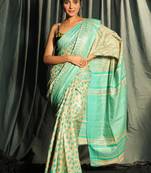 Beige & Sea Green Pure Gheecha Saree With Leaf Designs