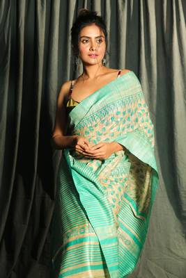 Beige & Sea Green Pure Gheecha Saree With Leaf Designs 3