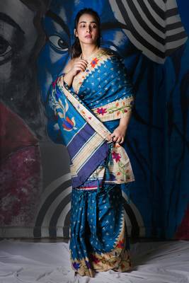Teal Blue Soft Silk With Embroidered Buta With Printed Border And Pallu 1