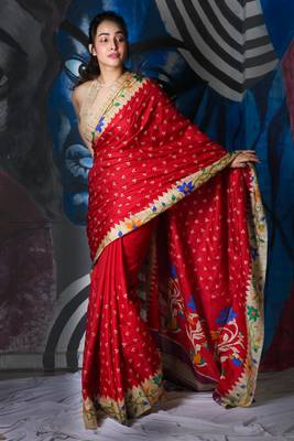 Red Soft Silk With Embroidered Buta With Printed Border And Pallu 1