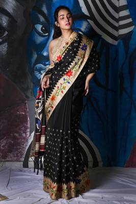 Black Soft Silk With Embroidered Buta With Printed Border And Pallu 1