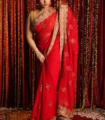 Red Chiffon Saree With Floral Jardosi Work