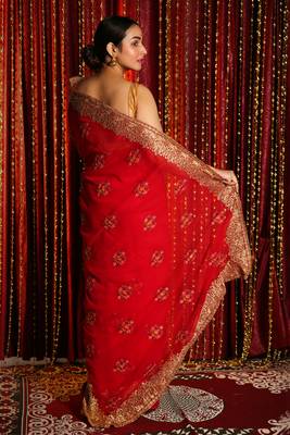 Red Chiffon Saree With Floral Jardosi Work 2