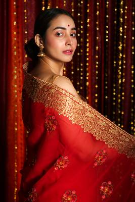 Red Chiffon Saree With Floral Jardosi Work 3