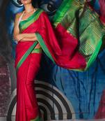 Dark Pink Dupion Silk Saree With Green Dual Border & Zari Pallu