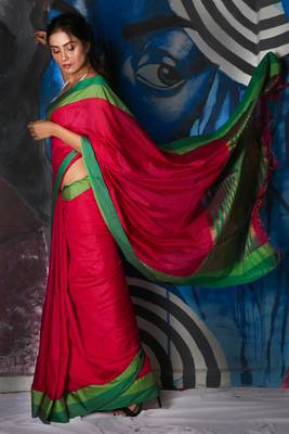 Dark Pink Dupion Silk Saree With Green Dual Border & Zari Pallu 2