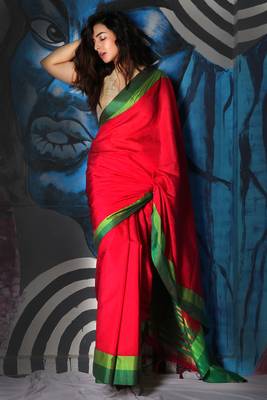 Red Dupion Silk Saree With Multicolor Dual Border & Zari Pallu 1