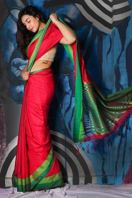 Red Dupion Silk Saree With Multicolor Dual Border & Zari Pallu 2