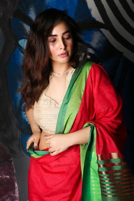 Red Dupion Silk Saree With Multicolor Dual Border & Zari Pallu 3