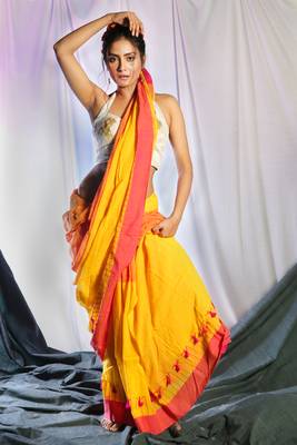 Yellow Pure Cotton Saree With Pompom And Pink Pallu 1