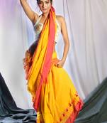 Yellow Pure Cotton Saree With Pompom And Pink Pallu