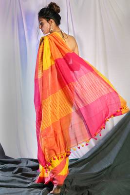 Yellow Pure Cotton Saree With Pompom And Pink Pallu 2