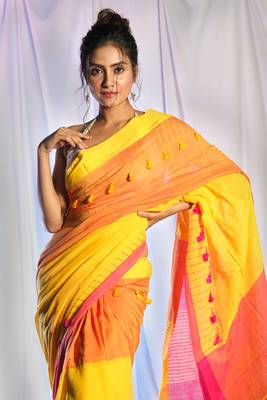 Yellow Pure Cotton Saree With Pompom And Pink Pallu 3
