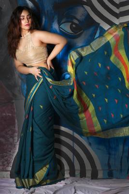 Dark Teal Blue Cotton Blended Linen Saree With Zari Border And Pallu 3