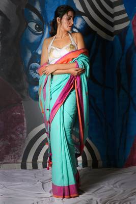 Sky Blue Cotton Blended Linen Saree With Dual Border And Pallu 1
