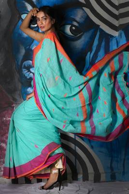 Sky Blue Cotton Blended Linen Saree With Dual Border And Pallu 2