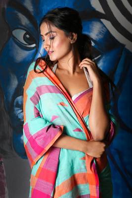 Sky Blue Cotton Blended Linen Saree With Dual Border And Pallu 3