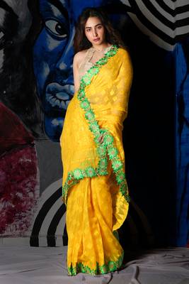 Yellow Jamdani Saree With All Over Weaving And Attach Floral Border 1