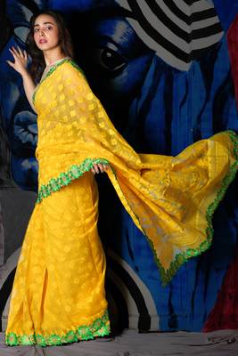 Yellow Jamdani Saree With All Over Weaving And Attach Floral Border 2