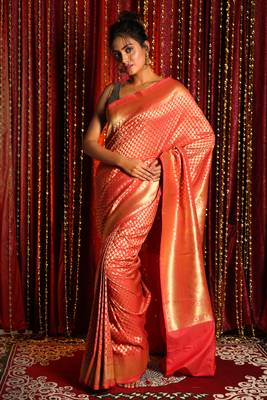 Fiery Orange Banarsi With Small Buta And Border 1