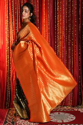Black And Orange Half Half Banarasi With Zari Weaving 2