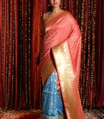 Peach And Blue Half Half Banarasi With Samll Buta & Zari Weaving