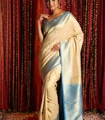 Zari Weaved Beige Banarsi With Small Buta And Sky Blue Pallu