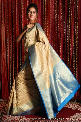 Zari Weaved Beige Banarsi With Small Buta And Sky Blue Pallu 2