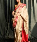 Beige Blended Matka With Coral Red Jaal Cut Embroidery Border