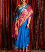 Sky Blue Blended Silk Saree With Zari Border And Magenta Pallu
