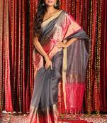 Grey Blended Silk Saree With Zari Border And Magenta Pallu