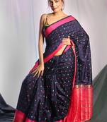 Midnight Blue Dupion Silk Saree With Allover Butta And Dual Border & Zari Pallu