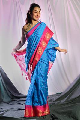 Sky Blue Dupion Silk Saree With Allover Butta And Pink Dual Border & Zari Pallu 1