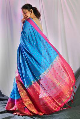 Sky Blue Dupion Silk Saree With Allover Butta And Pink Dual Border & Zari Pallu 2