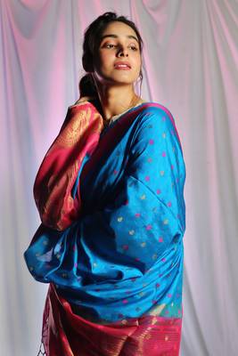 Sky Blue Dupion Silk Saree With Allover Butta And Pink Dual Border & Zari Pallu 3