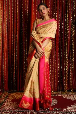 Canary Yellow Dupion Silk Saree With Allover Butta And Dual Border & Zari Pallu 1