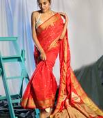 Red Dupion Silk Saree With Allover Small Butta Embroidery And Zari Pallu