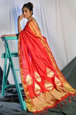 Red Dupion Silk Saree With Allover Small Butta Embroidery And Zari Pallu 2
