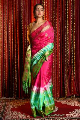 Magenta & Green Tie & Dye Blended Silk Saree And Zari Work 1
