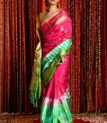 Magenta & Green Tie & Dye Blended Silk Saree And Zari Work