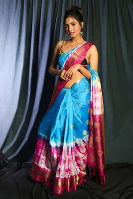 Sky Blue And Magenta Tie & Dye Blended Silk Saree And Zari Work 1