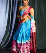 Sky Blue And Magenta Tie & Dye Blended Silk Saree And Zari Work