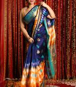 Navy Blue And Yellow Tie & Dye Blended Silk Saree